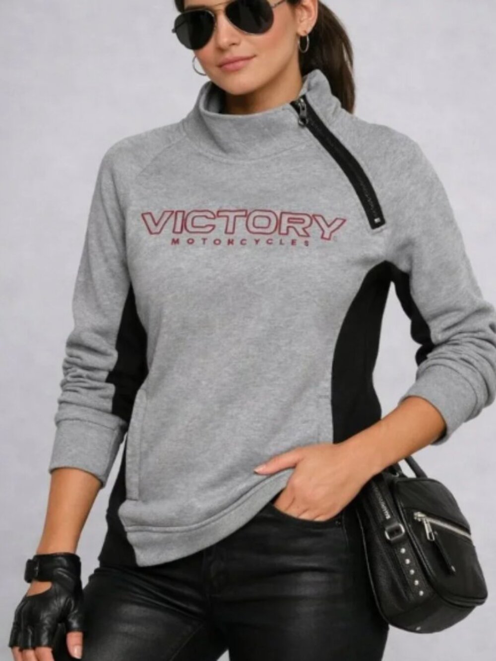 Victory Motorcycles Women's Gray Black 1/4 Zip Sherpa collar sweatshirt -Size L